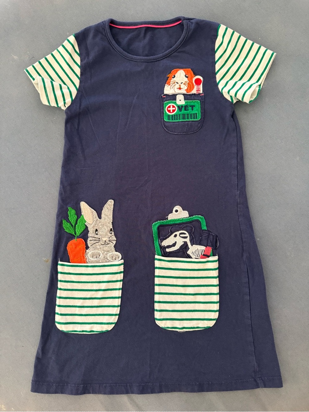 Mini Boden Vet Bunny Pocket Dress Navy Blue Appliqué Animal 3–4Y / 3T–4T